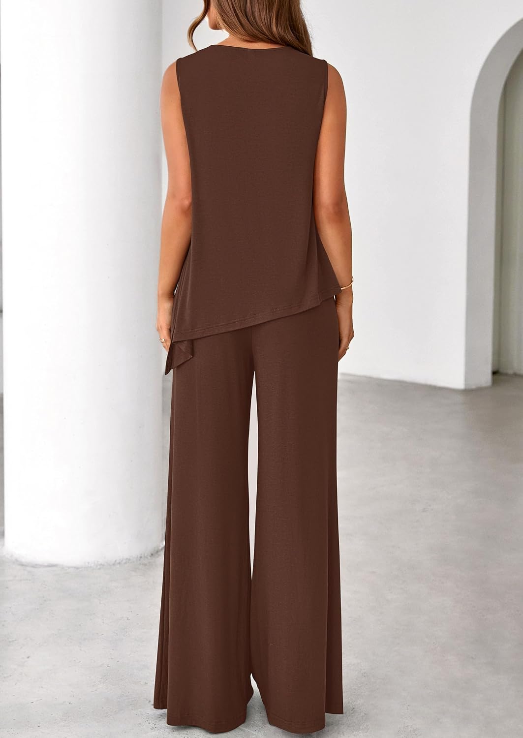 Detalle de PRETTYGARDEN Women's 2026 Two Piece Matching Lounge Set with Asymmetrical Top and Wide-Leg Pants