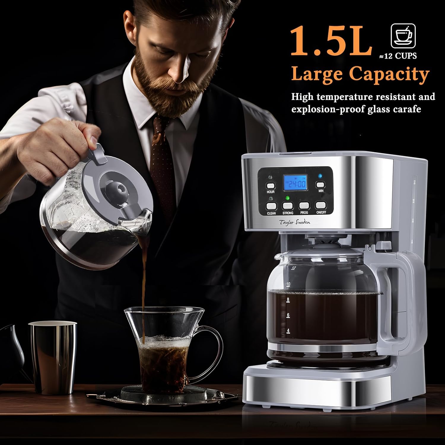 Detalle de Taylor Swoden 950W Kaffeemaschine mit Timer – 1,5 l, BPA-frei, Grau (Pewter)