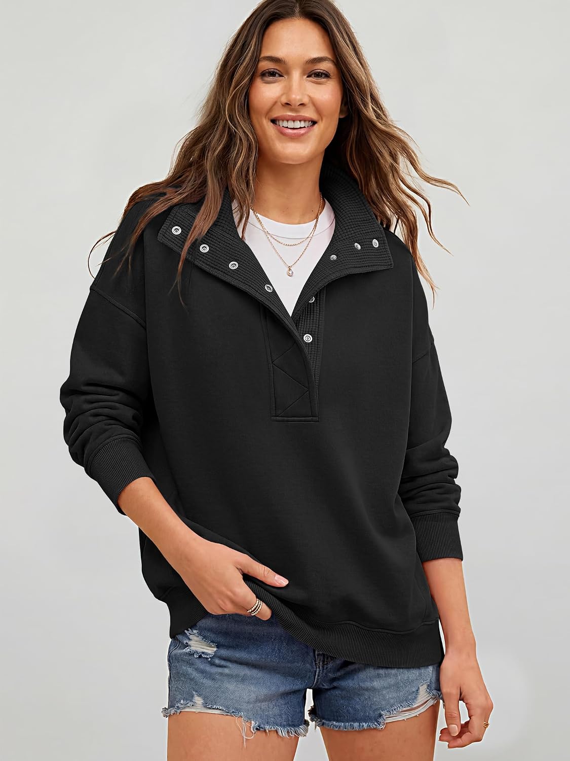 Thumbnail 1 de ANRABESS Women's Long Sleeve Henley Oversized Sweatshirt
