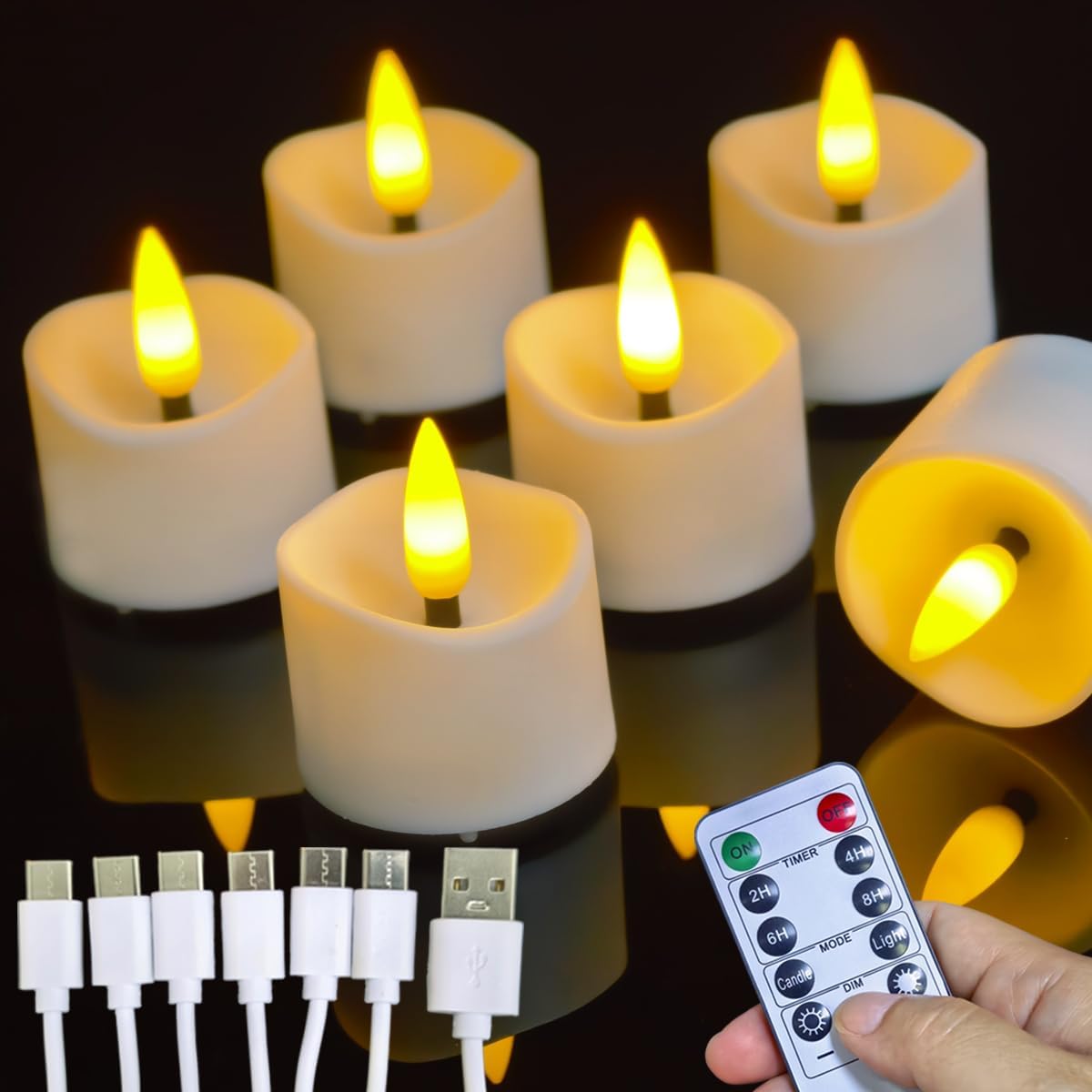 Detalle de Anziner Rechargeable Tea Lights 6 Pack with Remote, USB-C Charging and Timer