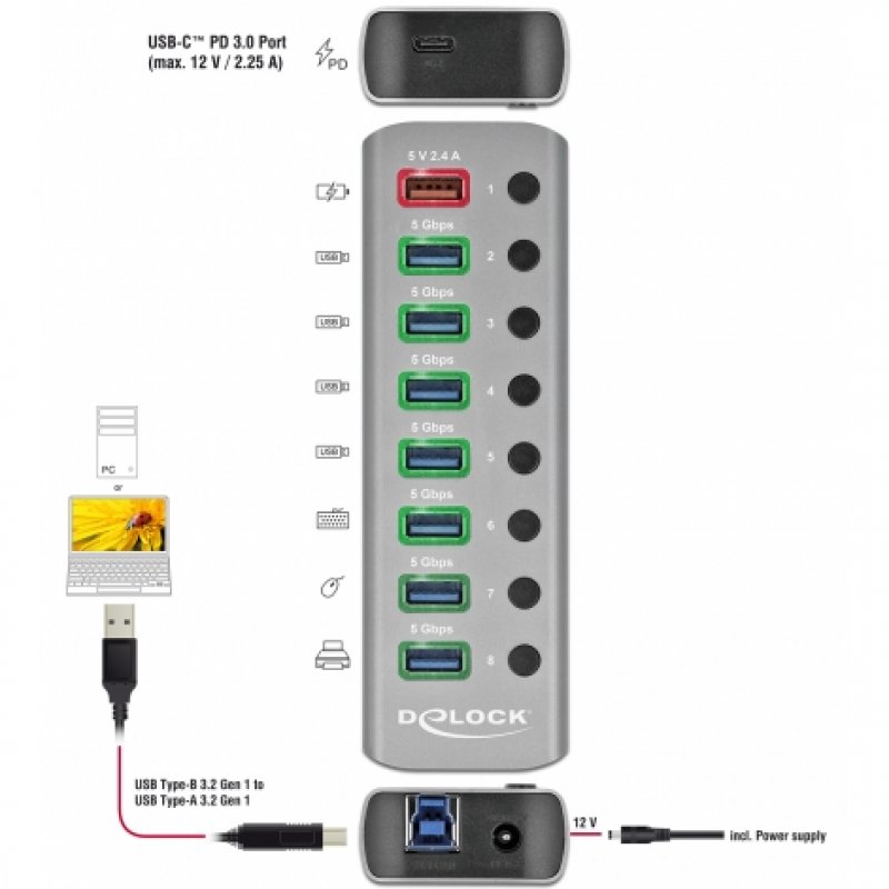 Detalle 2 de Delock 63264 Hub: 7 puertos USB 3.2 + carga USB-C PD y carga rápida independiente