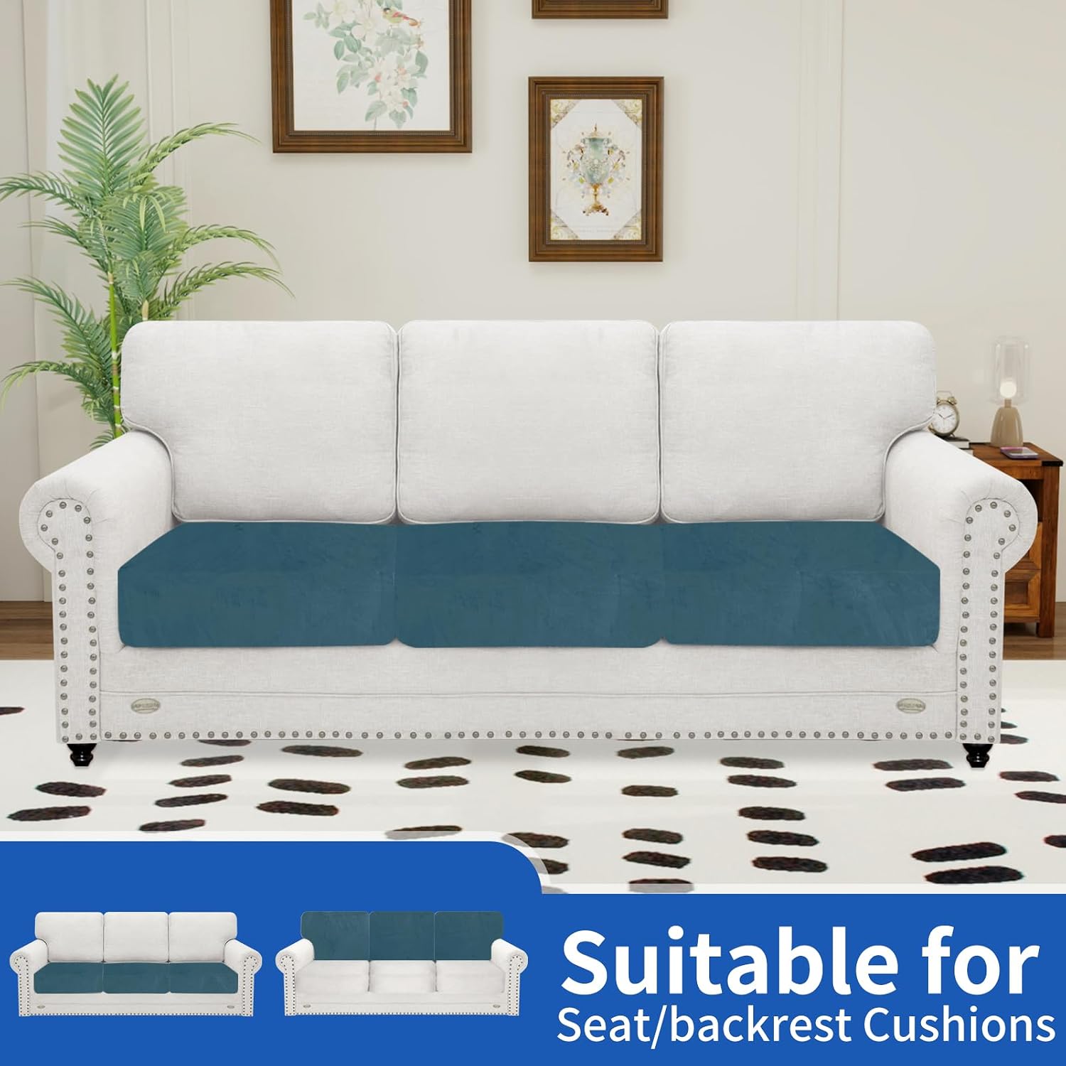 Detalle de Ystyle Copriseduta Divano Elasticizzato in Velluto Blu Pavone – Copridivano per Cuscini 1 Posto × 3