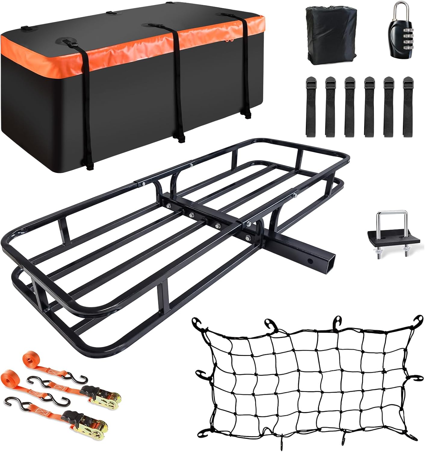 Detalle de MeeFar Hitch Mount Cargo Carrier Basket with Waterproof Bag, Cargo Net, Straps & Hitch Stabilizer (2" Receiver, 500 Lbs Capacity)