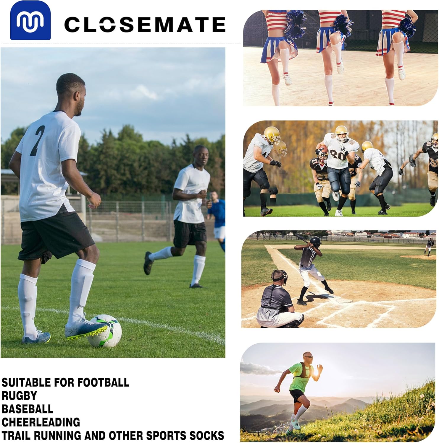 Thumbnail 4 de CLOSEMATE 2 Pairs Football Knee High Sport Socks – Moisture-Wicking, Cushioned & Anti-Blister