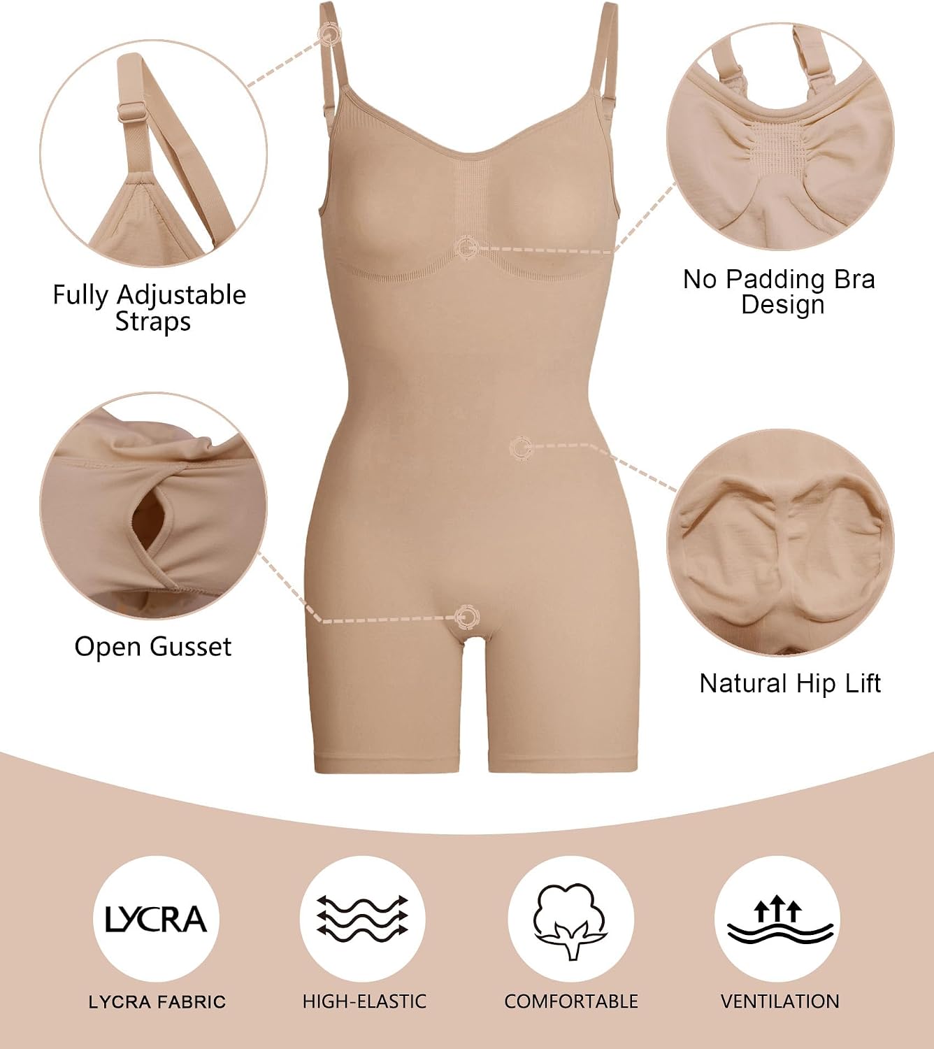 Detalle 2 de SHAPERX Tummy Control Bodysuit, Mid-Thigh Shaper Shorts, Seamless Design