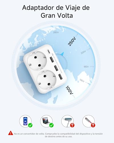 Detalle de LENCENT Adaptador Enchufe USA/EE.UU: 6 en 1 para viajes (Tipo B) con USB y USB-C