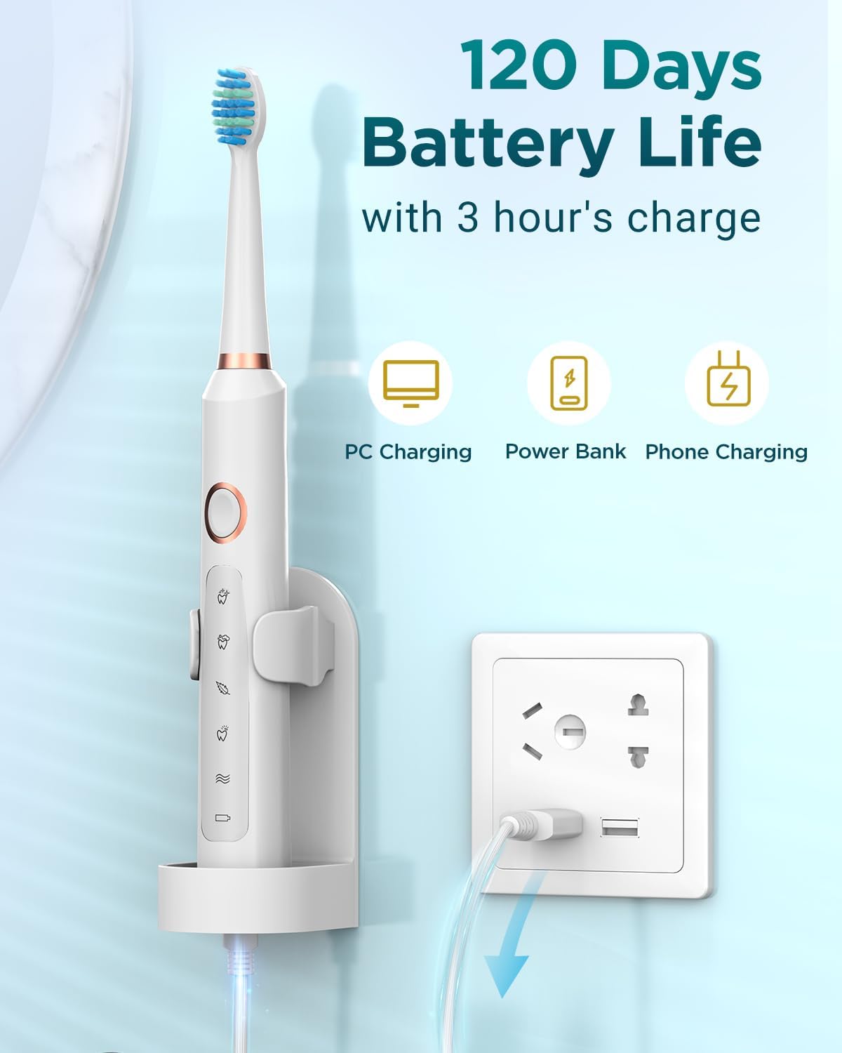 Detalle de Sonic Electric Toothbrush for Adults and Kids – 8 Brush Heads, 5 Modes, 120 Days of Use