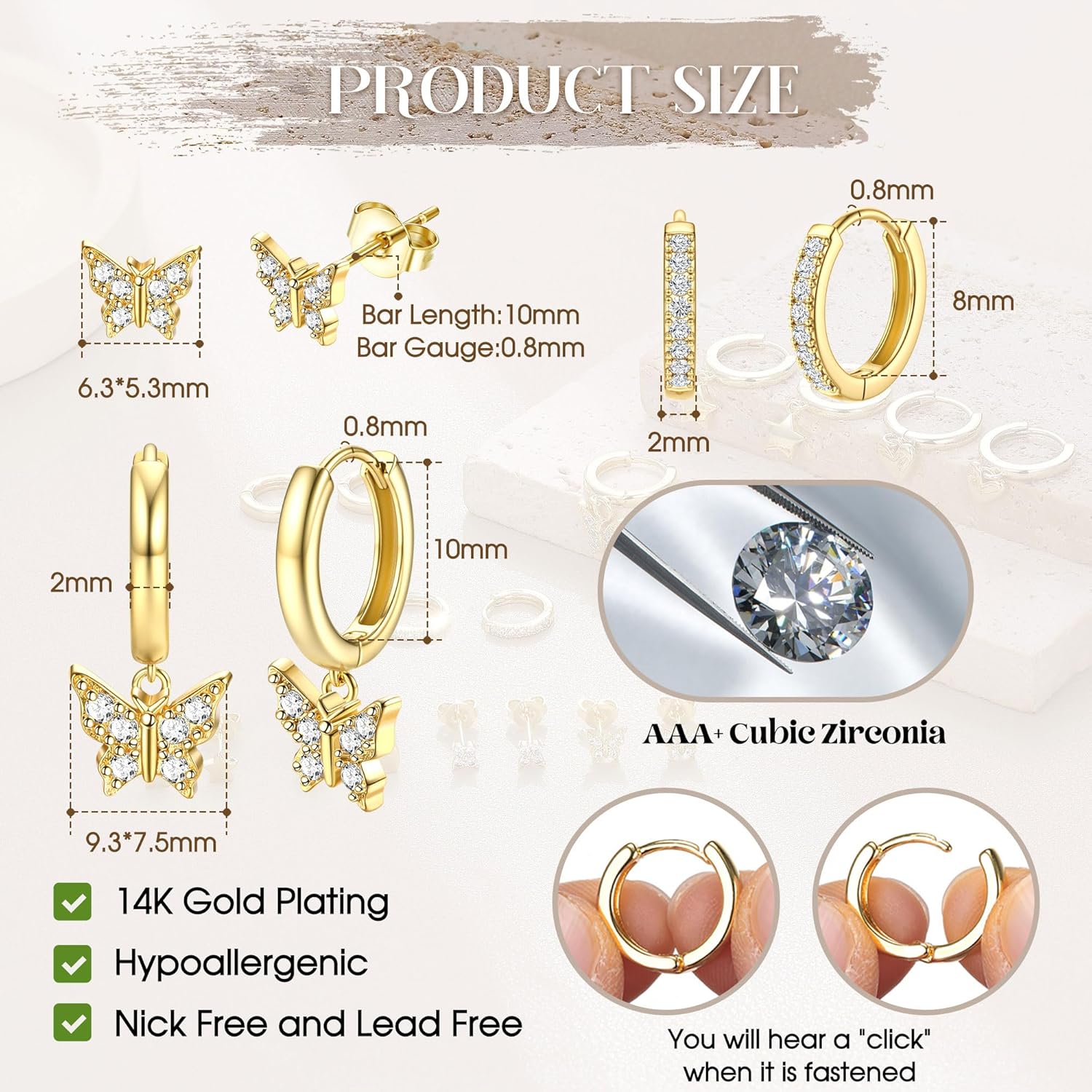 Detalle de Dochais 3er Set Ohrringe Gold – 14K Vergoldete Ohrstecker & Anhänger, hypoallergen, wasserfest