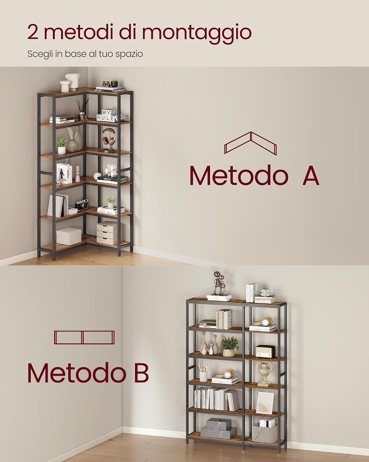Detalle de VASAGLE Libreria angolare a 6 ripiani LLS606K01, stile moderno, marrone vintage e nero inchiostro