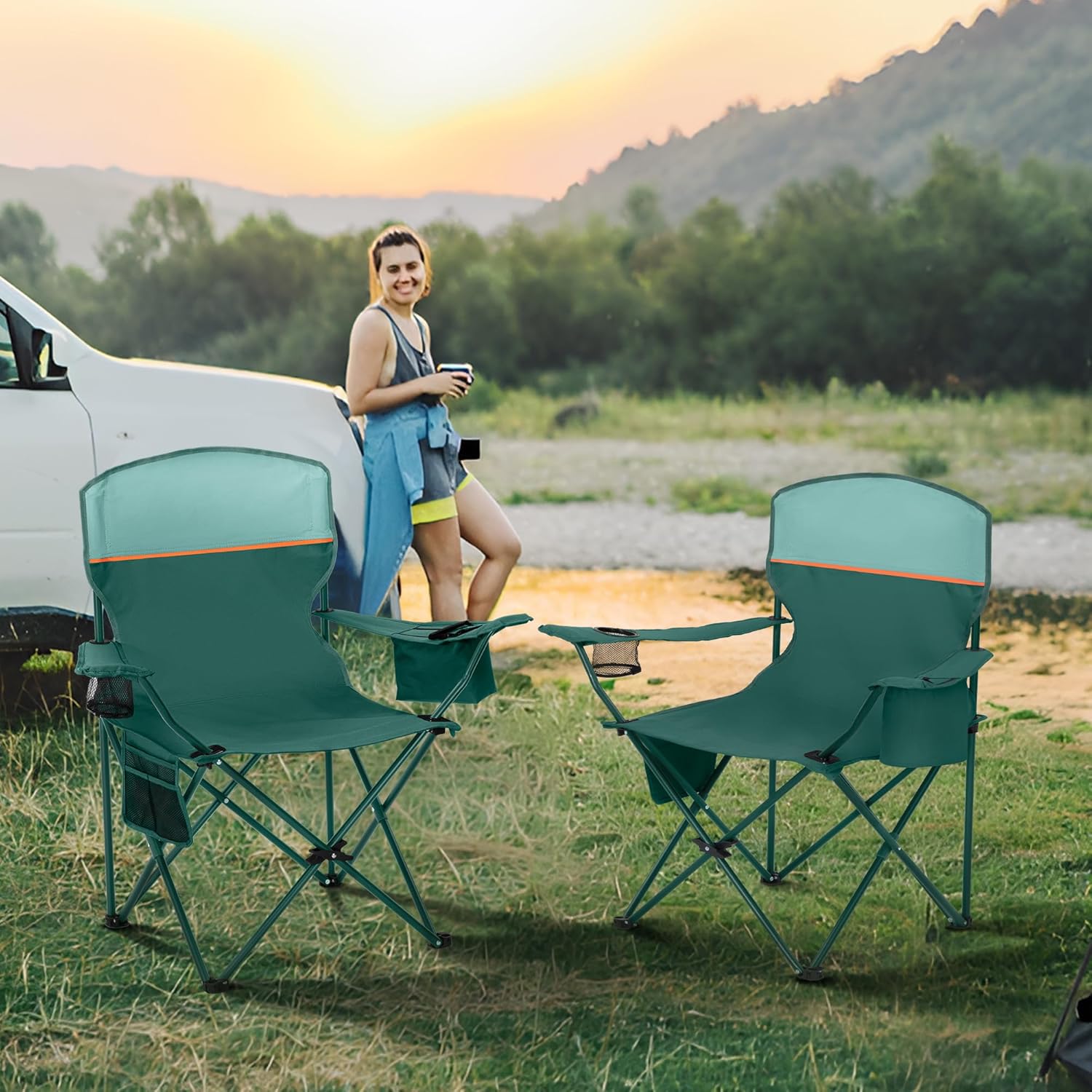 Thumbnail 1 de HIGH POINT SPORTS Sedia da campeggio pieghevole da esterno, set da 2 con braccioli (verde) fino a 102 kg