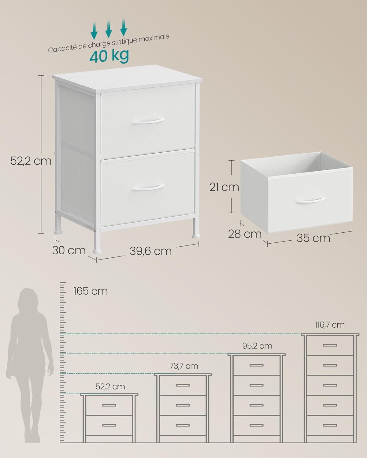 Detalle de SONGMICS BELLAH Collection - Table de Chevet avec 2 Tiroirs (LGS112WH01), cadre acier et plateau bois, blanc nuage / blanc neige