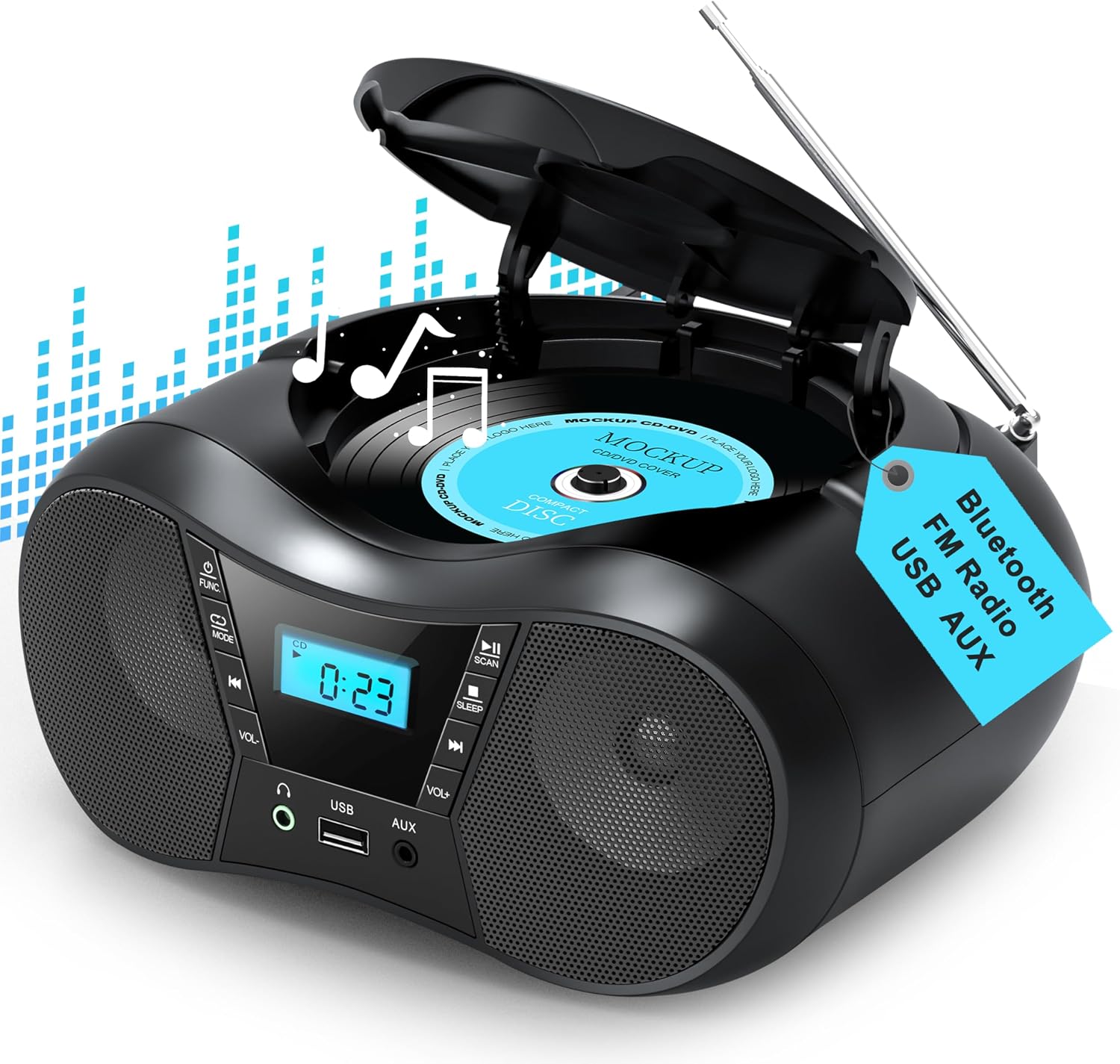 Detalle de Greadio CD-X9B Portable Boombox CD Player with Bluetooth, FM Radio, USB and AUX