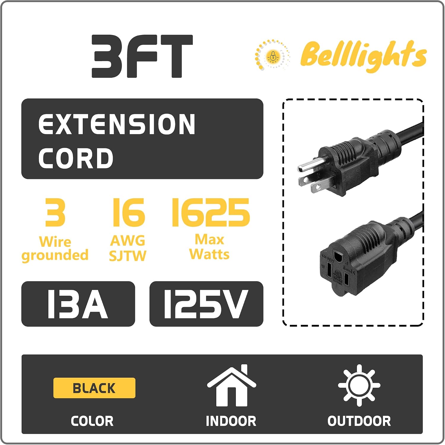Thumbnail 2 de Belllights B-05 3-Foot 16 AWG SJTW 3-Prong Extension Cords, 2-Pack, ETL Listed
