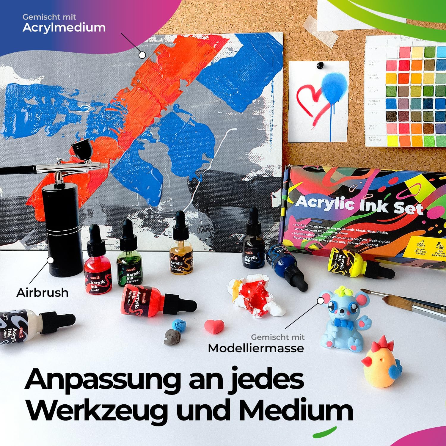 Detalle de Colozoo Acrylic Ink Set 8x20 ml – permanente Acryl-Tinte (6 Grundfarben & 2 Neonfarben)