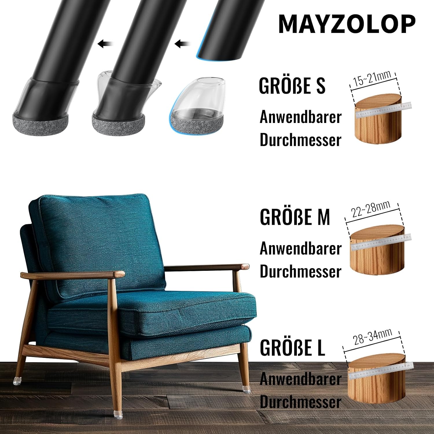 Thumbnail 4 de MAYZOLOP 16 Stück Stuhlbeinkappen für schräge Stuhlbeine (Ø26–33 mm) mit grauem Filz
