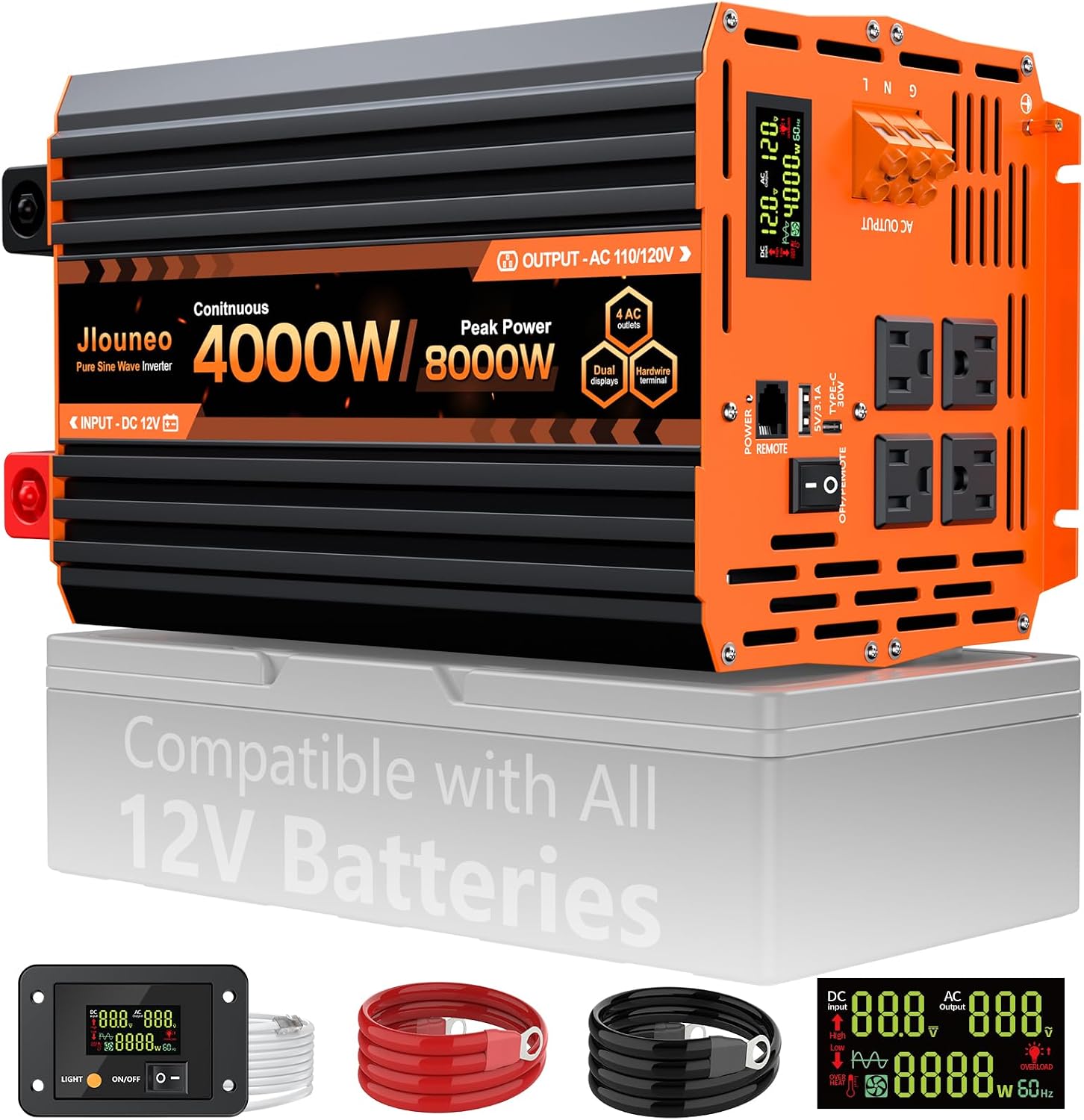 Detalle de Jlouneo 4000W Pure Sine Wave Inverter (12V to 110/120V) for Home Backup and Off-Grid Power