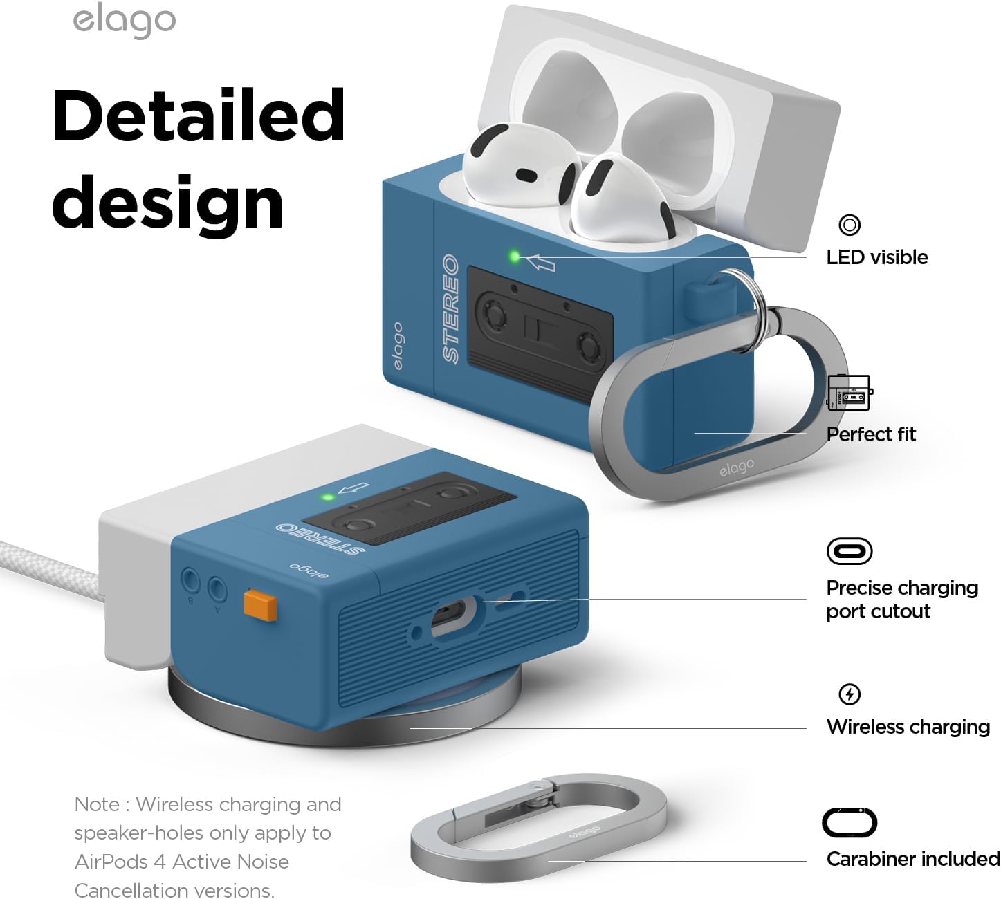 Detalle 2 de elago Armor Coque lecteur de cassette pour AirPods 4 (bleu) avec lanière