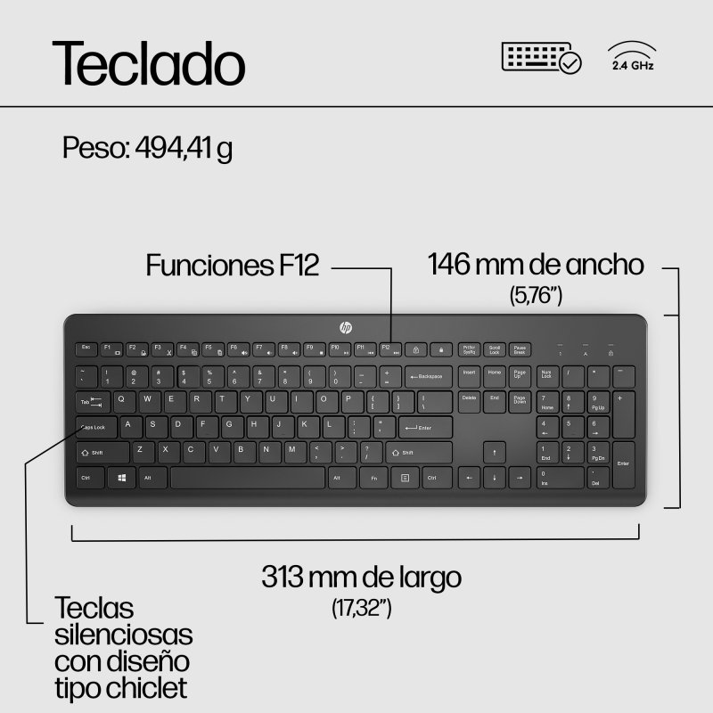 Detalle de HP 230 Wireless Keyboard: teclado membrana compacto y completo para productividad silenciosa