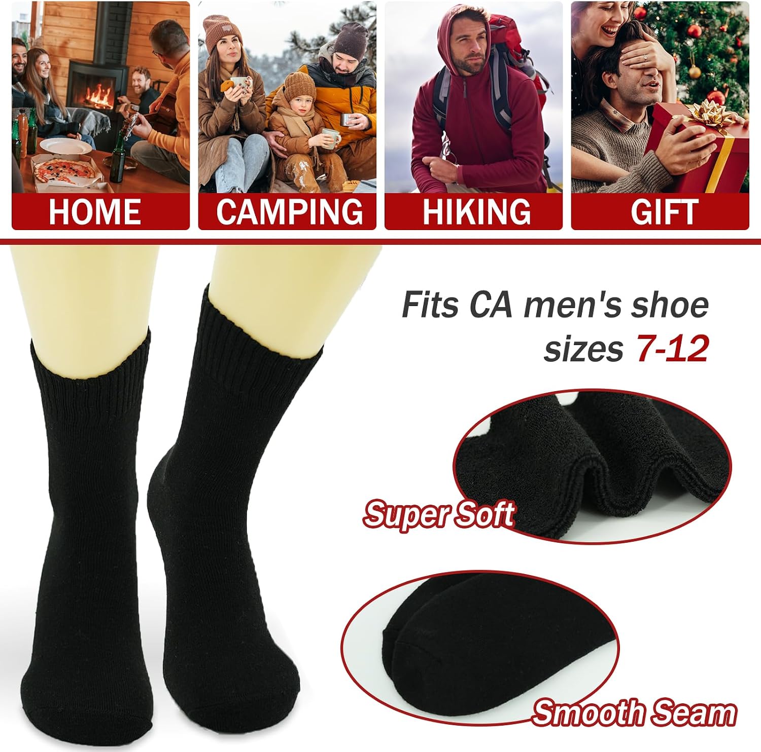 Detalle de VoJoPi 5-Pair Thermal Crew Socks for Men, Wool-Blend Winter Socks