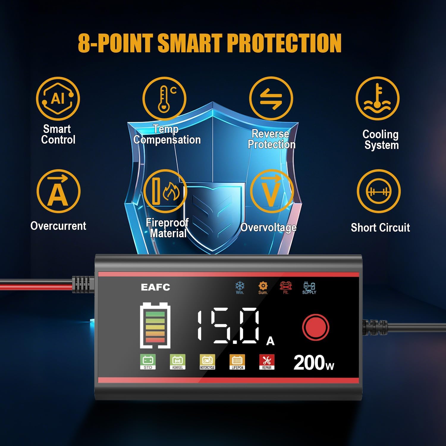 Thumbnail 1 de EAFC 15Amp Car Battery Charger 200W with Pulse Repair and LCD Display