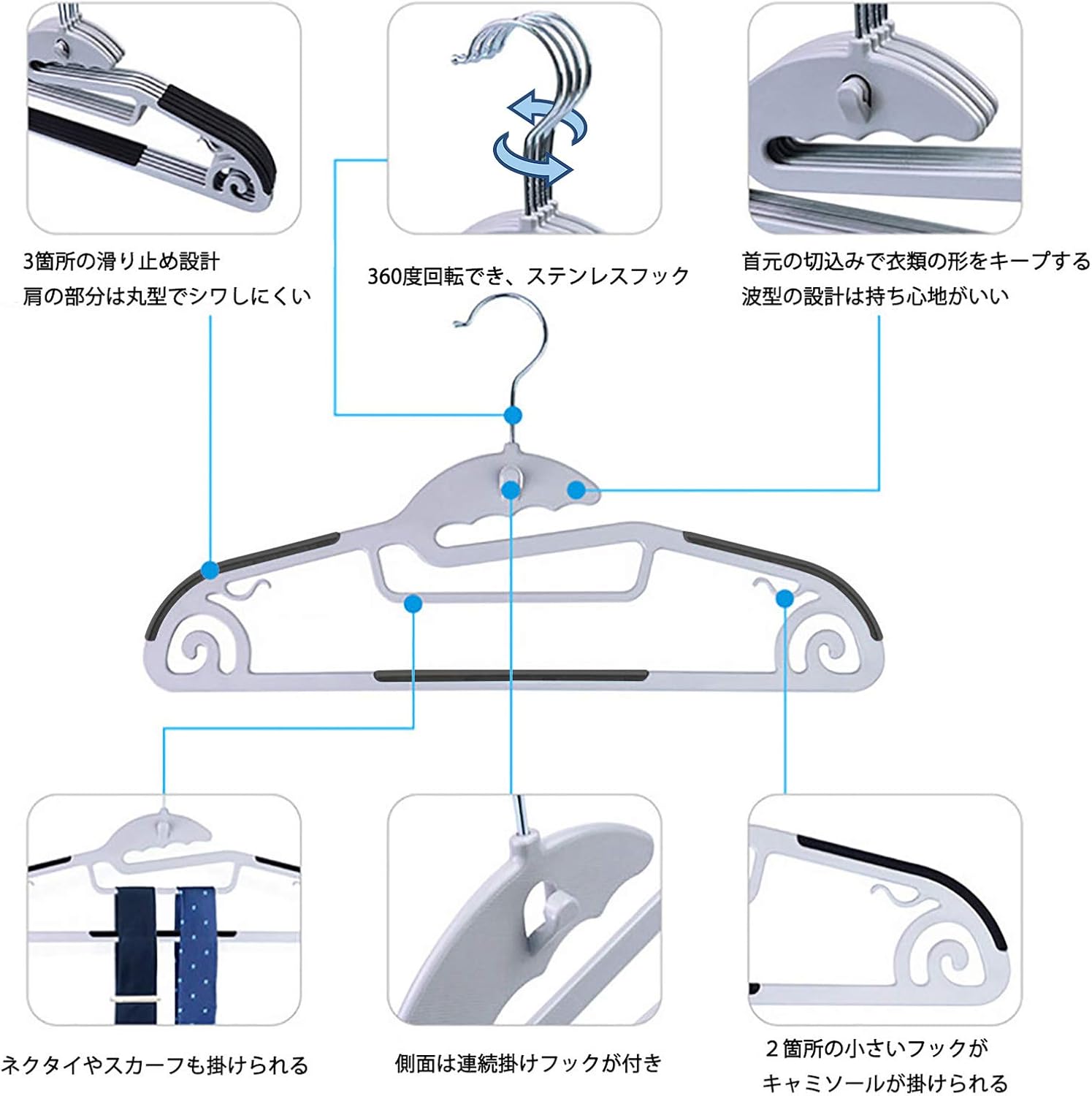 Detalle de tkone ハンガー 20本組|薄型・すべり止め付き、360度回転フックの衣類ハンガー