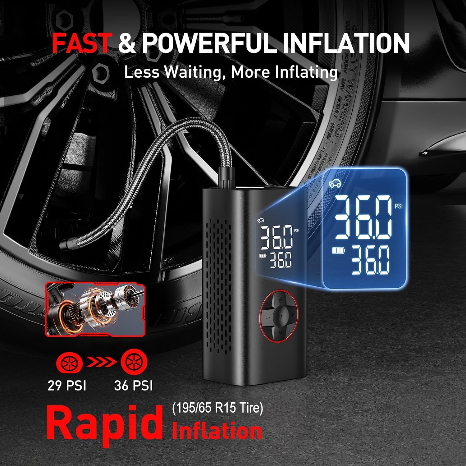 Detalle de Tarden Tyre Inflator Air Compressor – Fast, Portable Car Tyre Pump (150 PSI)