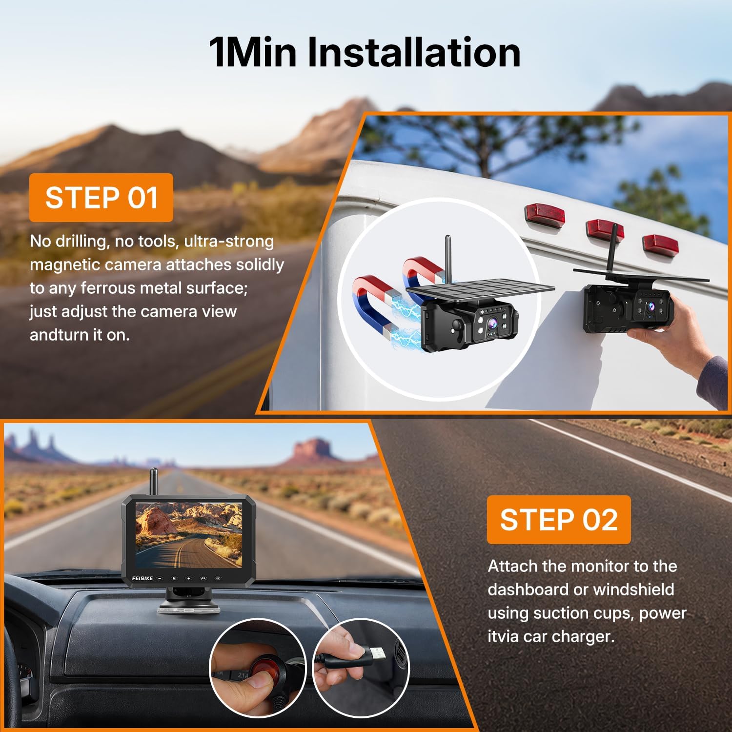 Detalle 2 de Magnetic Solar Wireless Backup Camera for Truck (5 Inch, No-Drill RV Backup Cam, 1080P, 150°)