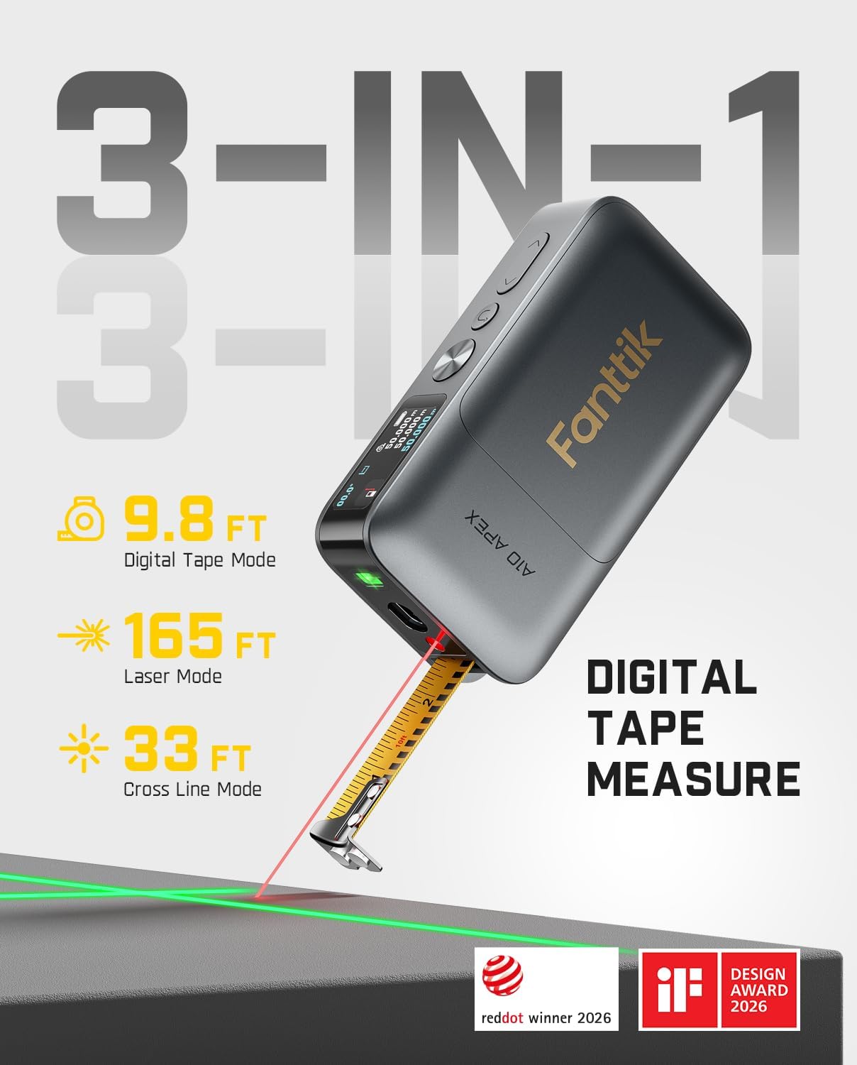 Thumbnail 1 de Fanttik A10 Apex 3-in-1 Digital Laser Tape Measure with Green Cross-Line Laser