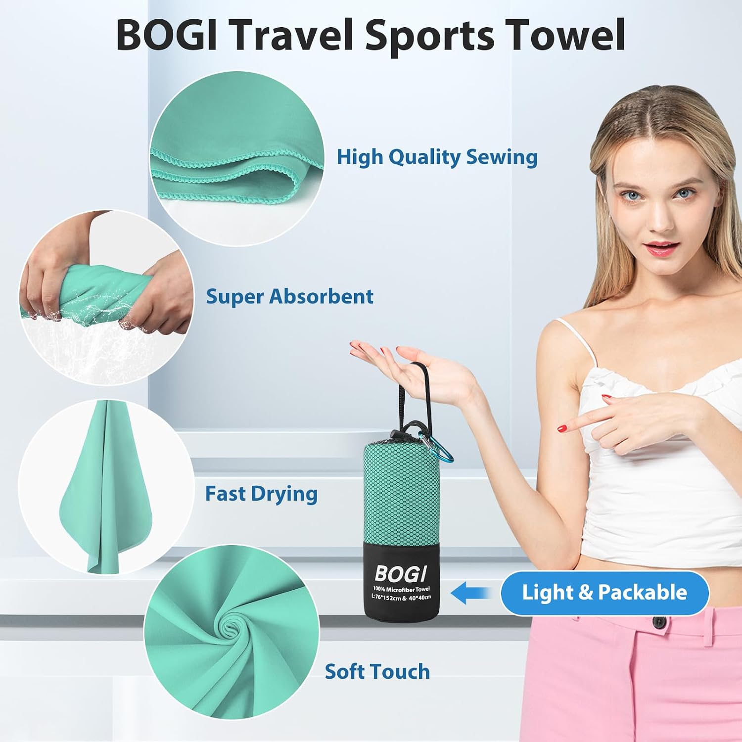Detalle 2 de BOGI Microfibre Quick Dry Soft Lightweight Gym Towel (XL: 182cm x 81cm + 40cm x 40cm) – Mint