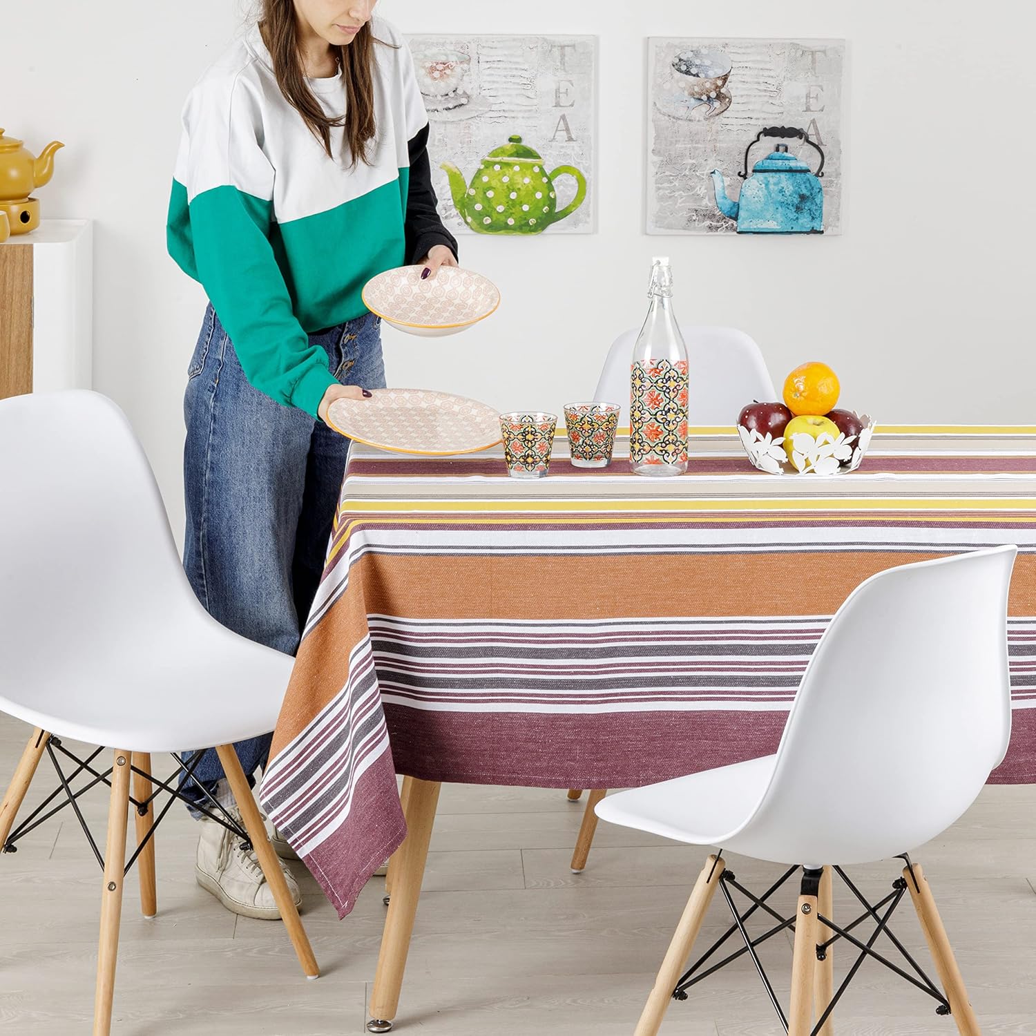 Thumbnail 2 de Baroni Home Nappe rectangulaire 145 × 185 cm, coton rayé Bordeaux – pour 6 à 8 places