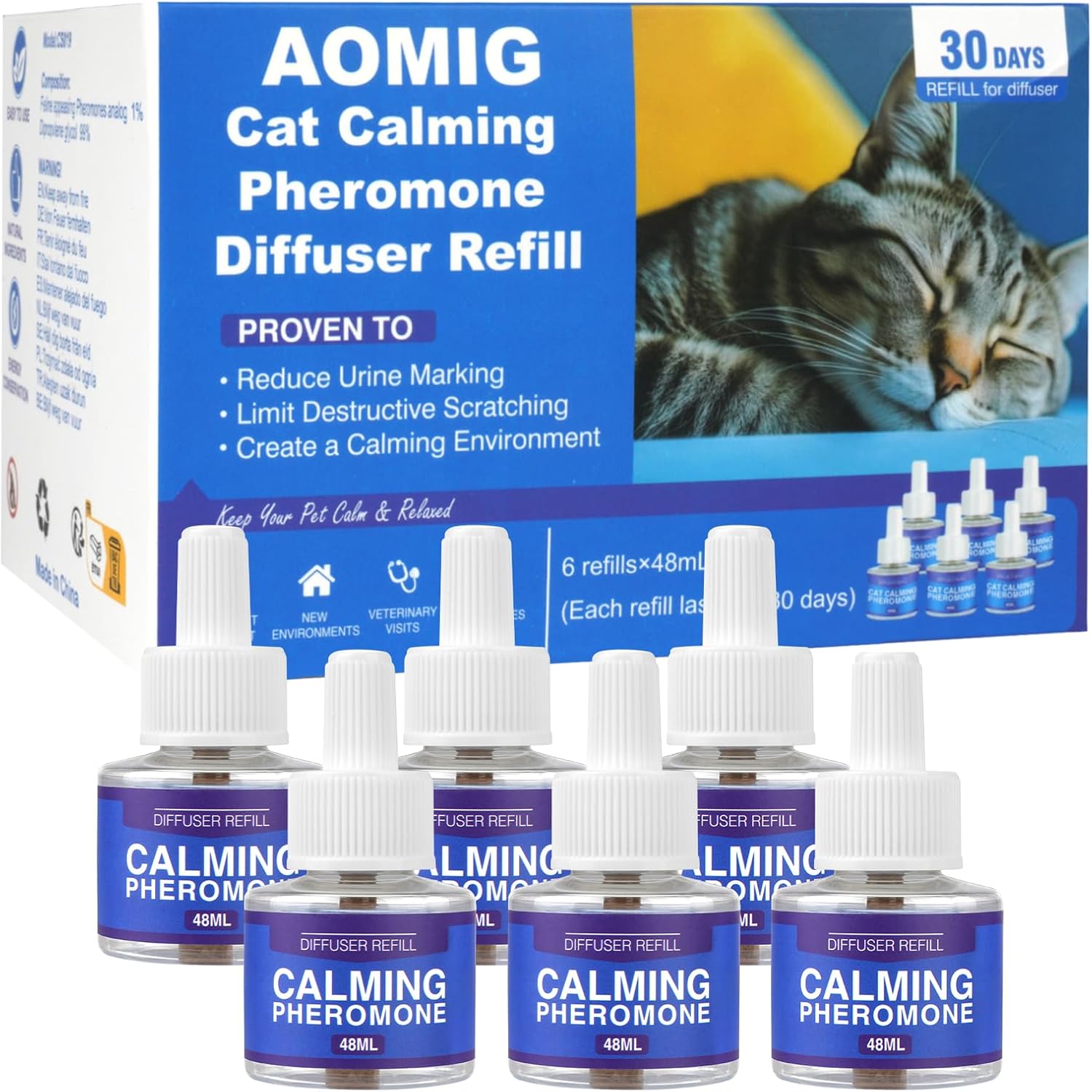 Detalle de Aomig Calmante per Gatti: Diffusore Calmante con 6 Ricariche da 48 ml