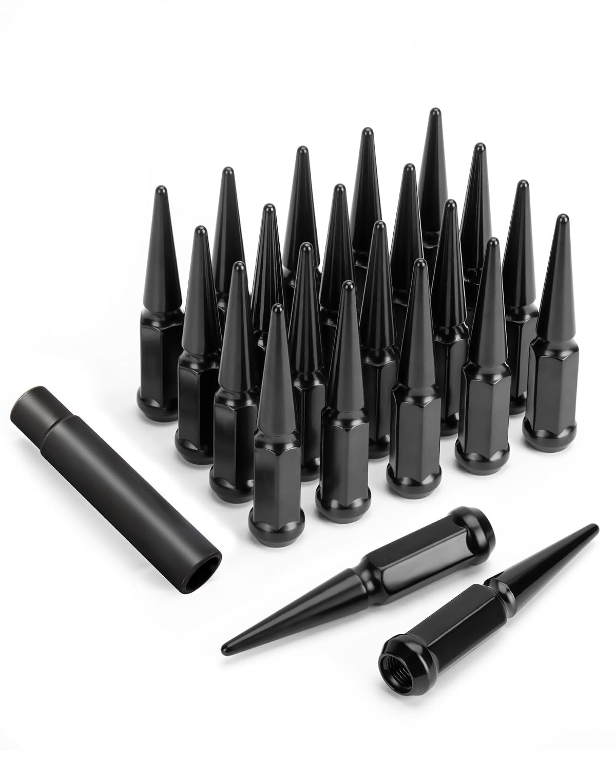 14x1.5 Spike Lug Nuts (24 pcs) for Chevy Silverado, GMC Sierra, Ford F-150, Ram 1500 and More – Black Bullet Lug Nut Set with Socket Key