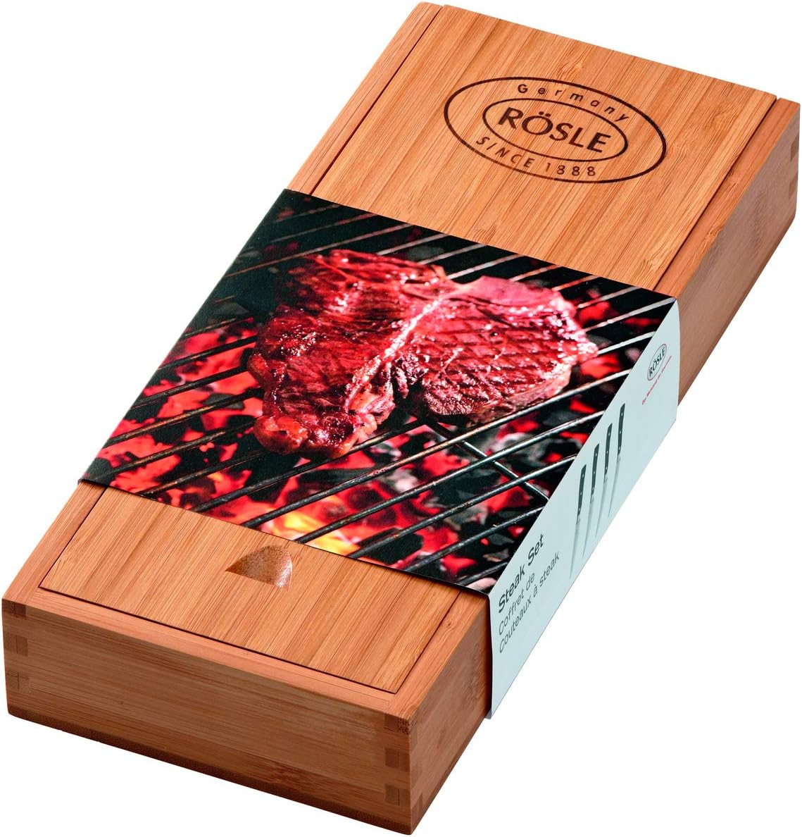 Detalle 2 de RÖSLE Steakmesser-Set 4-tlg. – hochwertiges Steakmesser-Set aus Klingenspezialstahl mit Holzbox