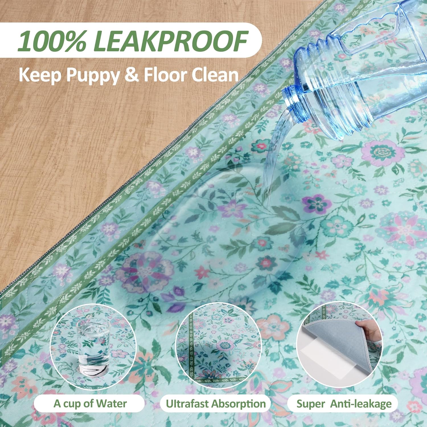 Detalle de Baodan Washable Puppy Pads (2 Pack) Waterproof Dog Pee Pads, 45x60 cm, Flower Pattern