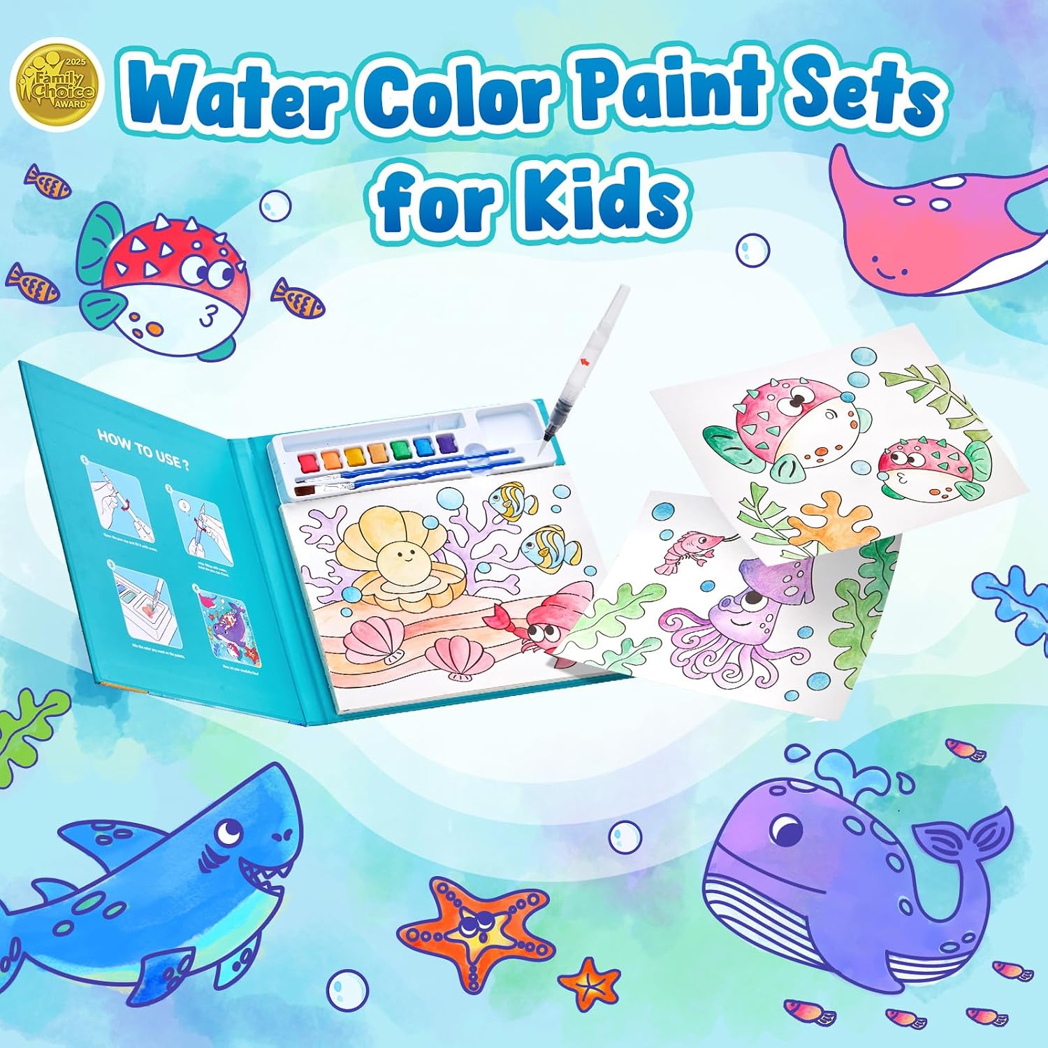 Detalle 2 de JoyCat Malbuch mit Wasserfarben für Kleinkinder (3–8 Jahre) – 3-in-1 Aquarellset mit 20 Meeres-Themenseiten