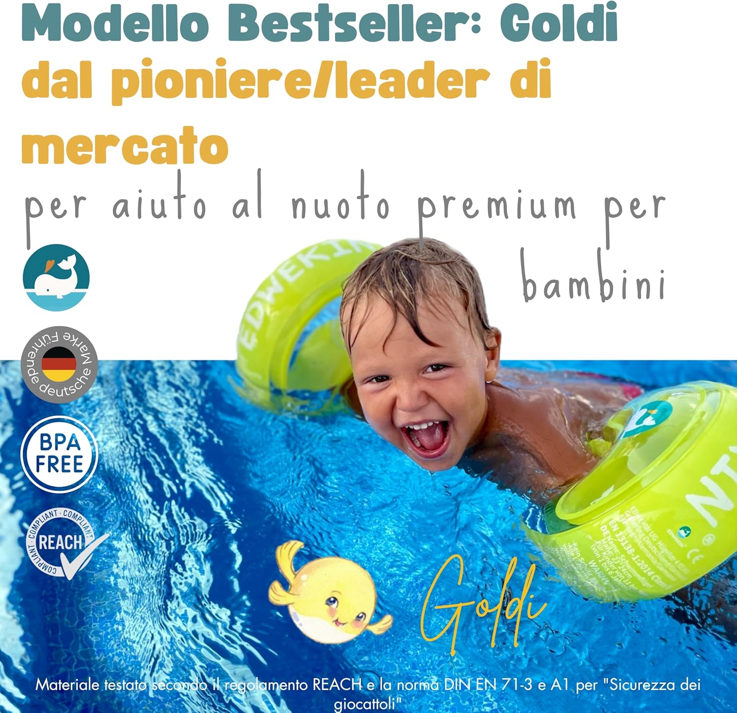Detalle de EDWEKIN Braccioli da nuoto Goldi: sicurezza, comfort e divertimento per i piccoli