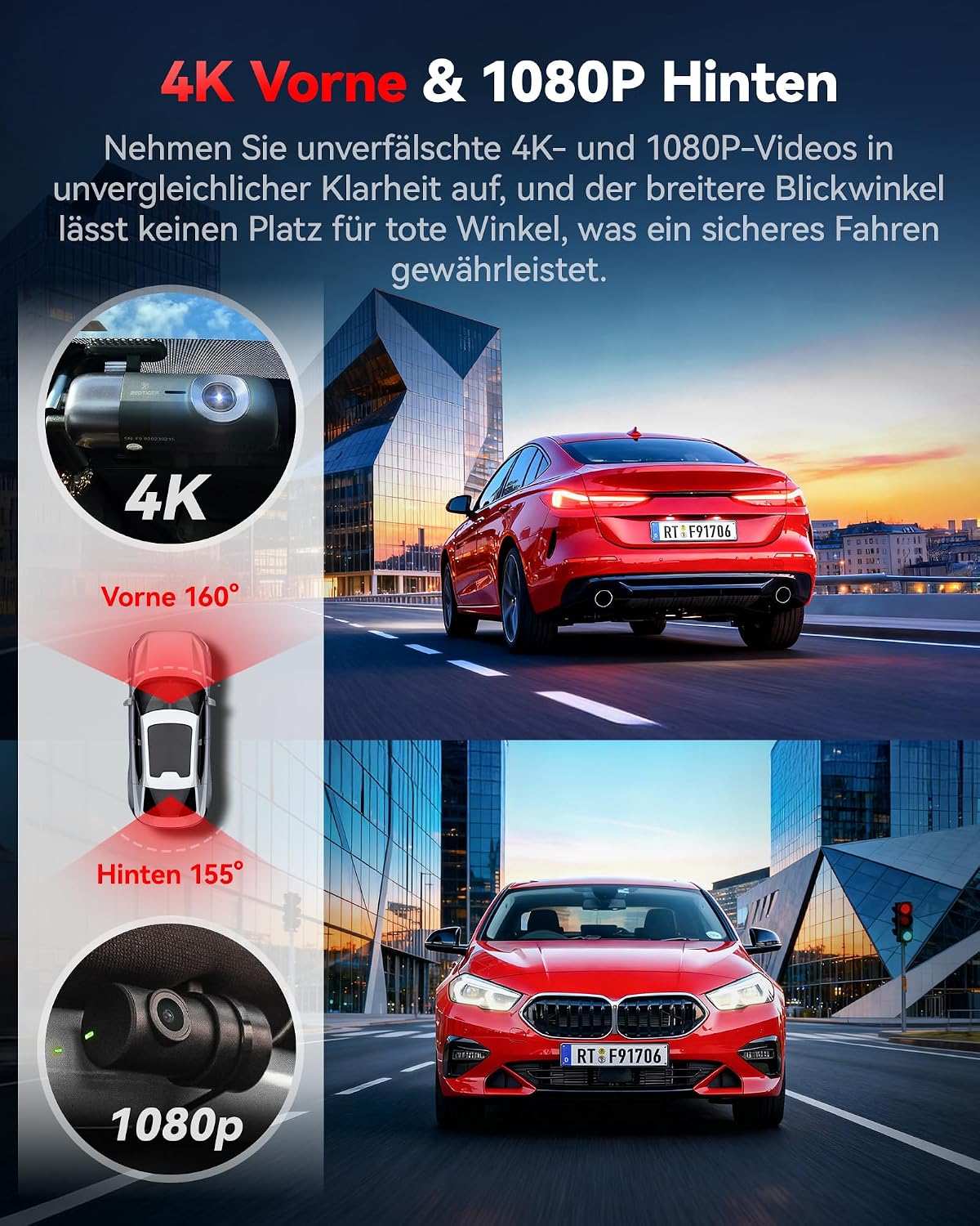 Thumbnail 2 de REDTIGER F9 Dual-Dashcam – Front 4K / Rückkamera 1080p mit GPS, WLAN 5,8 GHz und App-Steuerung