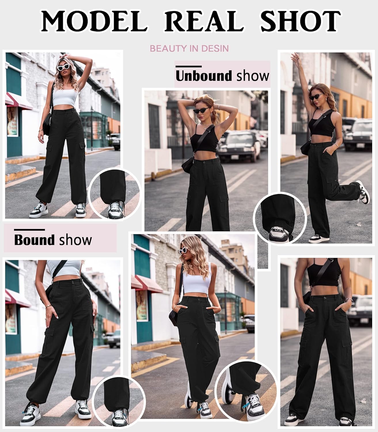 Detalle 2 de Dordanity Y2K Cargohose für Damen – Baggy Baggy-Hose mit High Waist und Multi-Taschen