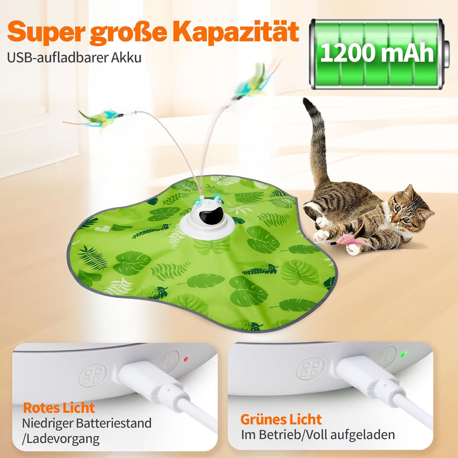 Detalle 2 de Toozey Interaktives Katzenspielzeug mit 3 abnehmbaren Federn – USB-Aufladung, LED-Aktivierung und Fernbedienung