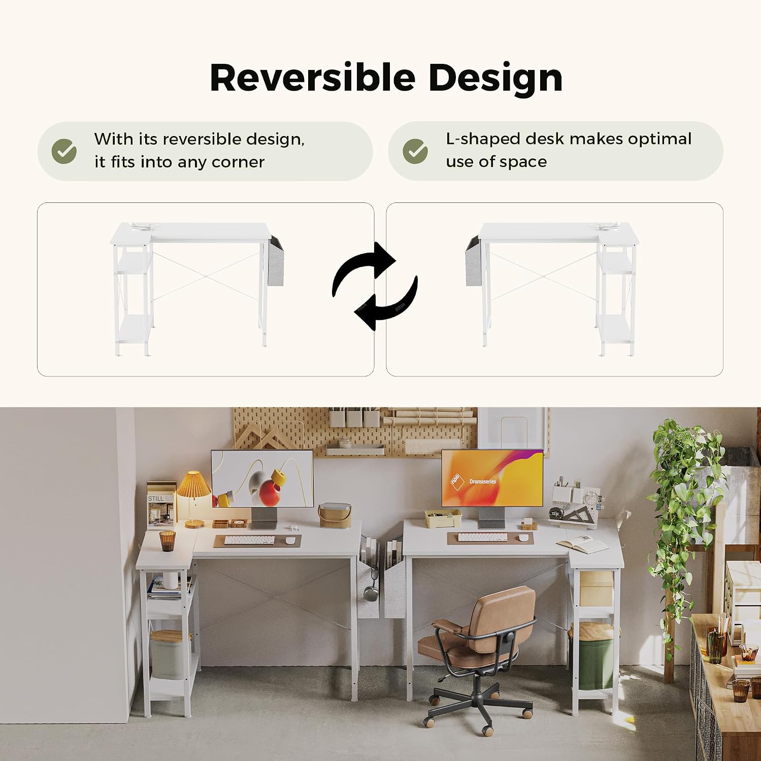 Detalle de Mericonia Small L-Shaped Desk with Power Outlets, 140x70 cm (White) with Reversible Shelves