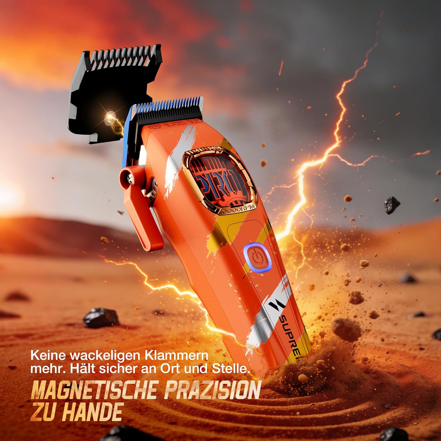 Thumbnail 4 de SUPRENT Sandstorm professioneller Herren-Haarschneider mit 8.500 U/min, Zero-Gap T-Blade & Titan-Klingen (blau/Orange)