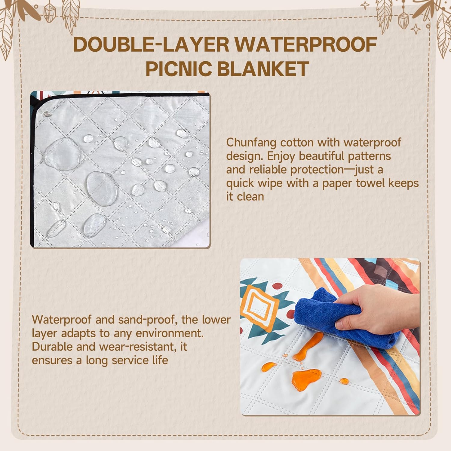 Detalle de HAUSPROFI Waterproof Picnic Blanket – 200 x 200 cm (Large) with Carrying Handle