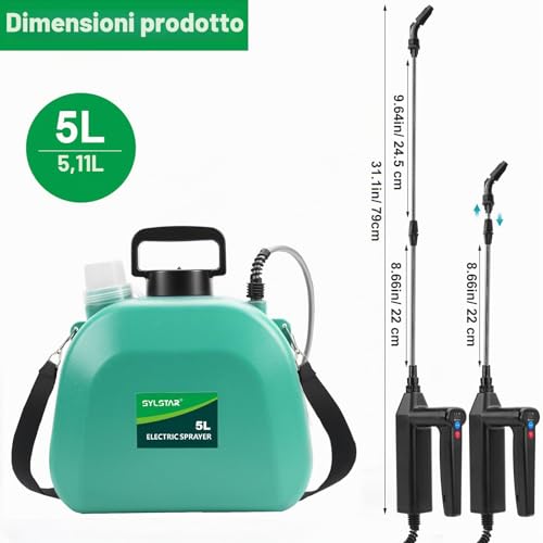 Thumbnail 6 de SYLSTAR Pompa Irroratrice a Batteria da 5L: 3 velocità, 4 ugelli regolabili e asta telescopica per giardino