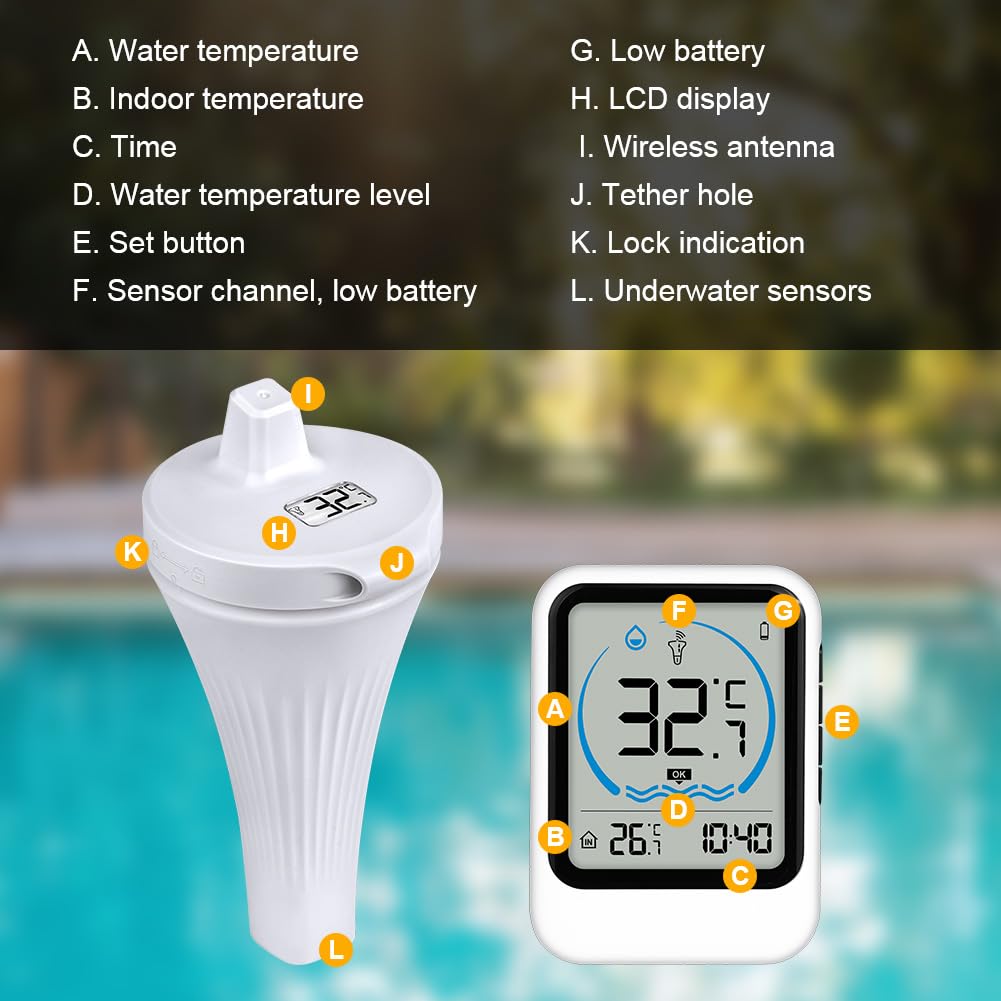 Detalle de OFFCUP V9-WXYCWDJ-FBA Wireless Pool Thermometer with IP68 Sensor and LCD
