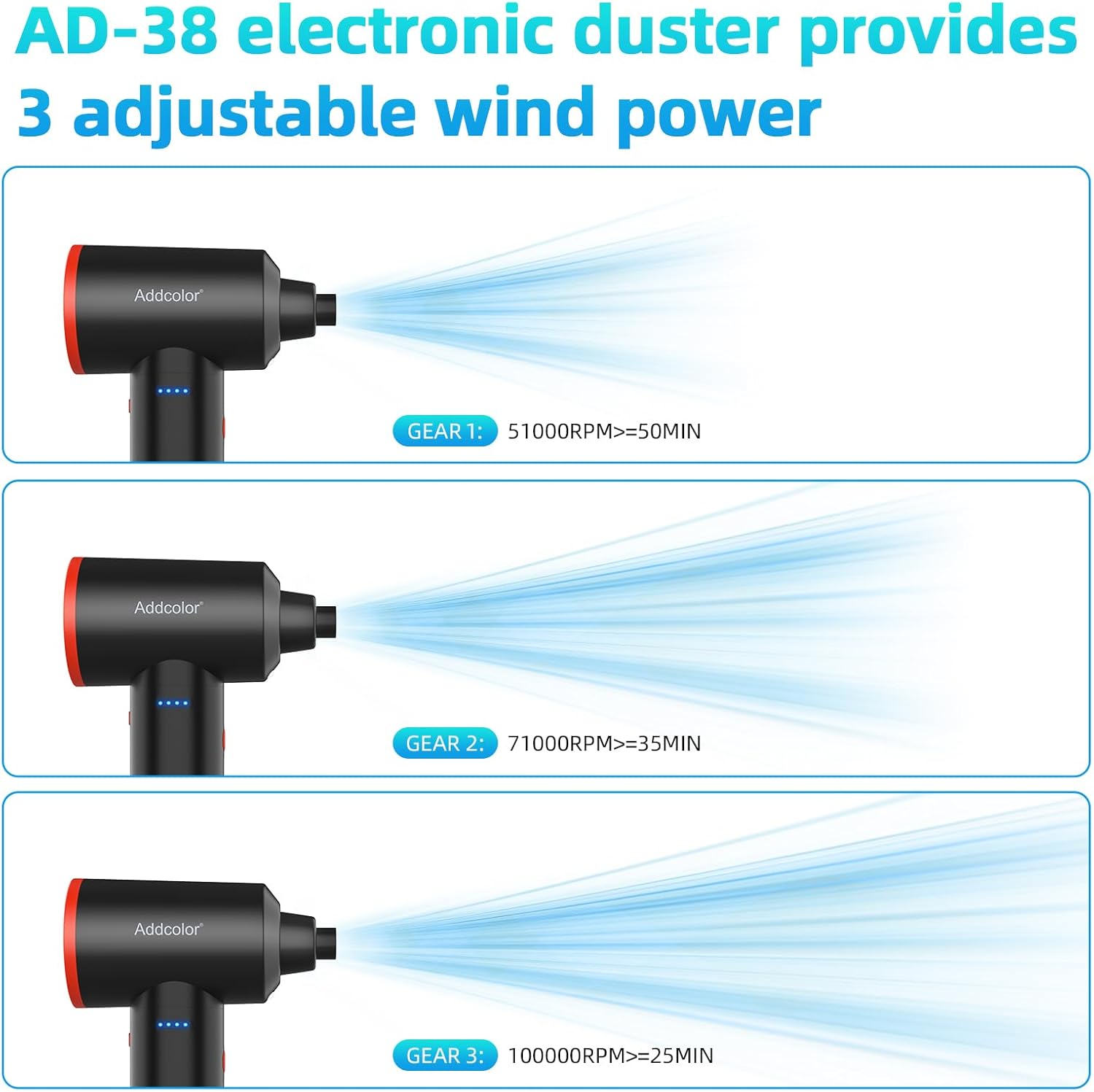 Thumbnail 2 de ADDCOLOR AD-38 Air Duster ricaricabile 6000 mAh con 3 velocità e LED