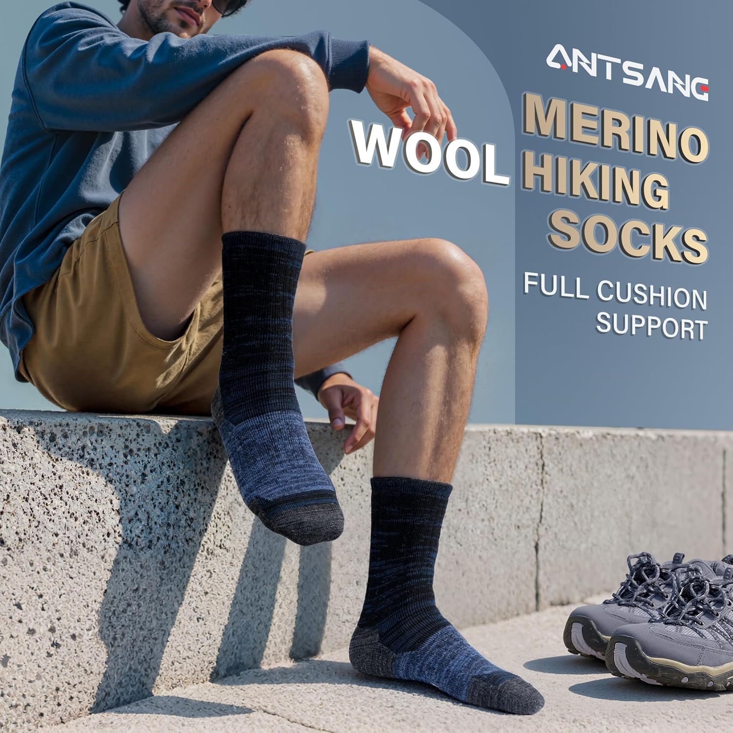 Detalle 2 de ANTSANG Merino Wool Hiking Socks, Full-Cushion Crew, Arch and Calf Support, 4 Pairs
