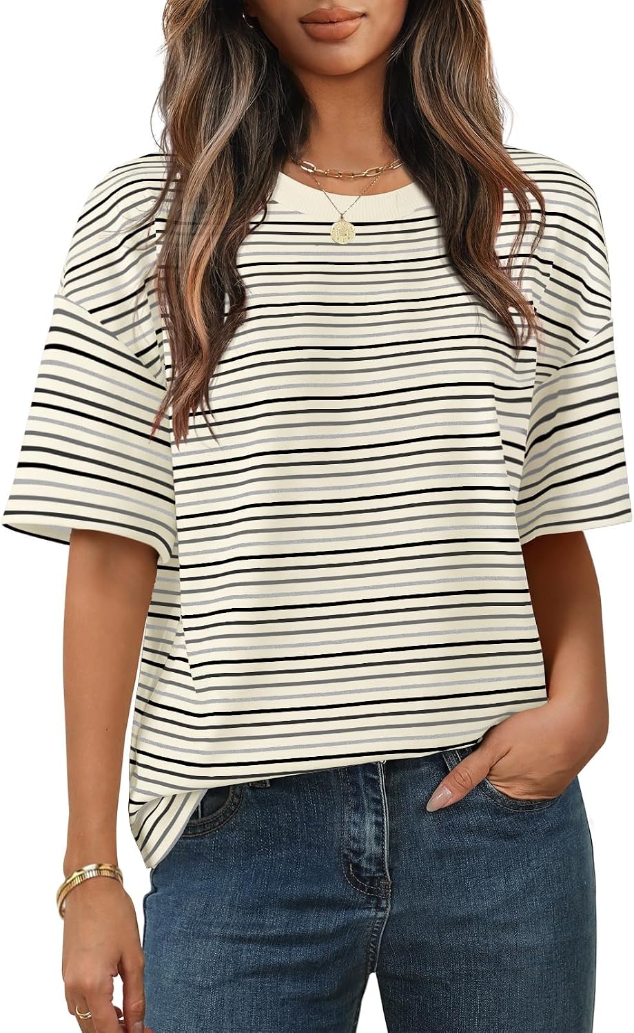 Thumbnail 6 de Cuptacc Damen Oversize T-Shirt Rundhals – Streifen-Tunika für Sommer, locker und vielseitig