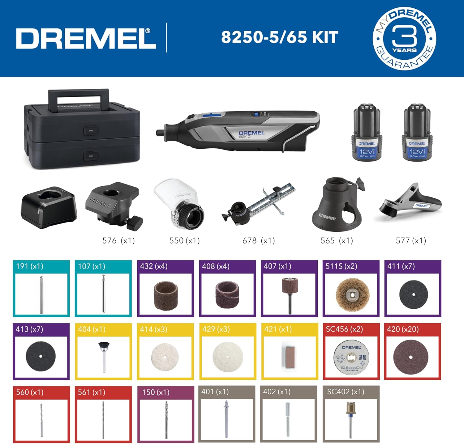 Thumbnail 2 de Dremel 8240 5/65 Cordless 12V Rotary Tool Kit (2Ah) with 65 Accessories, 2 Batteries & Platinum Box