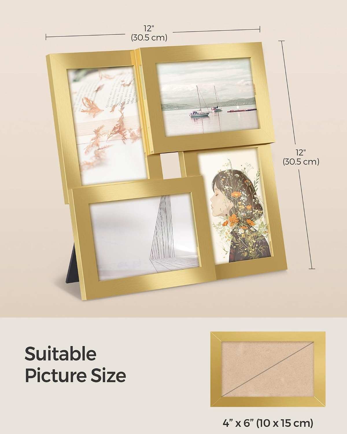 Thumbnail 4 de SONGMICS Kavi RPF025A01 4-Photo Collage Frame, Pale Gold MDF and Glass