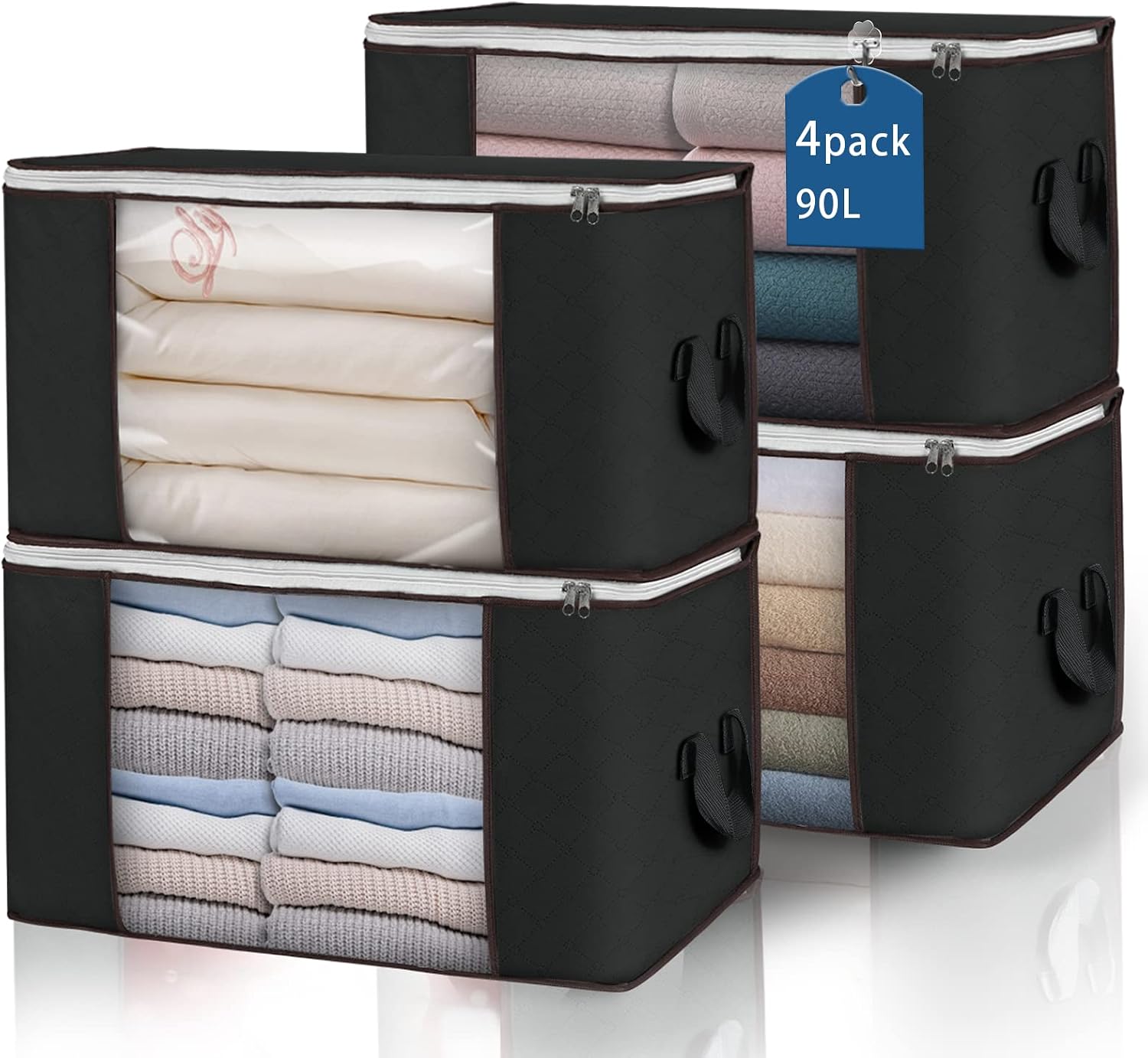 Detalle de Budding Joy 4er-Set 90-L Aufbewahrungstaschen mit Deckel (faltbar, Fenster) – Unterbett & Umzugskarton-Alternative, schwarz
